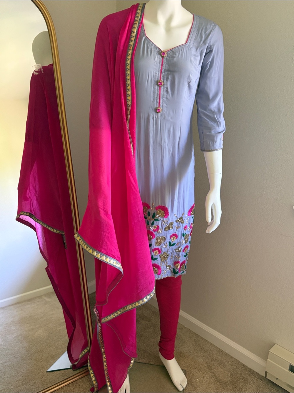 Light Gray Embroidered Kurti with Bright Pink Pants and Dupatta Indian suit